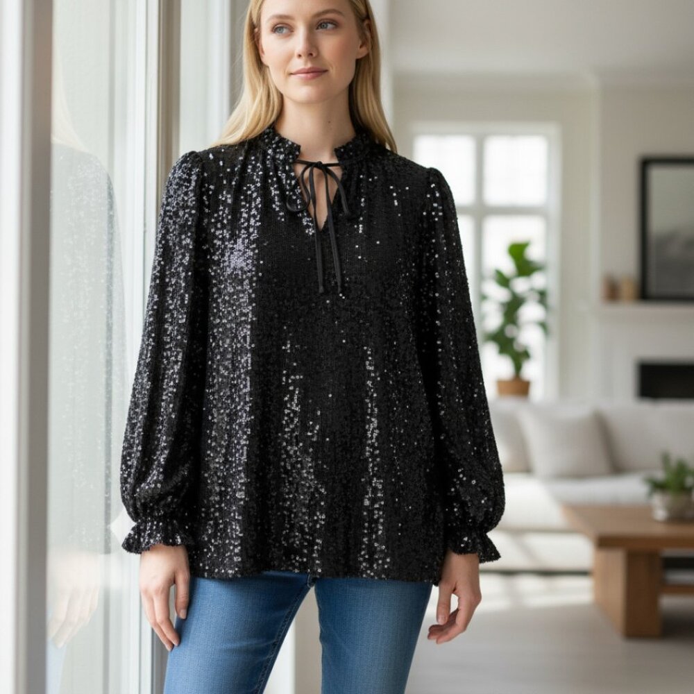 Plus size 2x Designer Crown & Ivy Black Sequin Long Sleeve Evening Blouse 2X